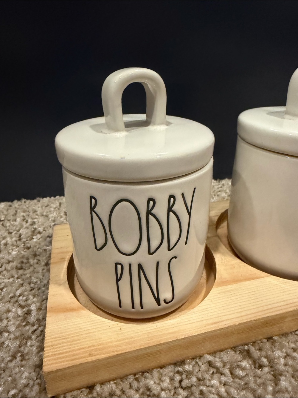 Rae Dunn White Ceramic 'Bobby Pins' & 'Hair Ties' Storage Jars with Bamboo Tray - Picture 2 of 5